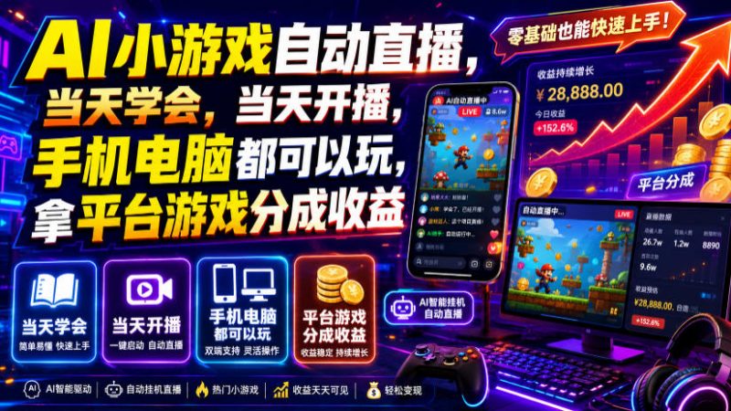 AI小游戏自动直播，当天学会，当天开播，手机电脑都可以玩，拿平台游戏分成收益-玻哥网络技术工作室