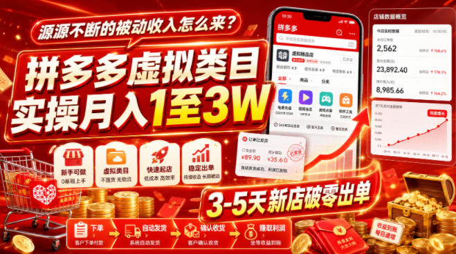 源源不断的被动收入怎么来？拼多多虚拟类目实操月入1至3W，3-5天新店破零出单-玻哥网络技术工作室
