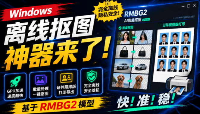 Windows离线抠图神器来了！支持批量抠图+证件照排版打印，基于RMBG2模型，GPU加速方块AI抠图-玻哥网络技术工作室