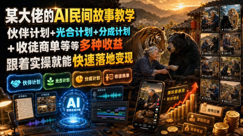 某大佬的AI民间故事教学，伙伴计划+光合计划+分成计划+收徒商单等多种收益，跟着实操就能快速落地变现-玻哥网络技术工作室