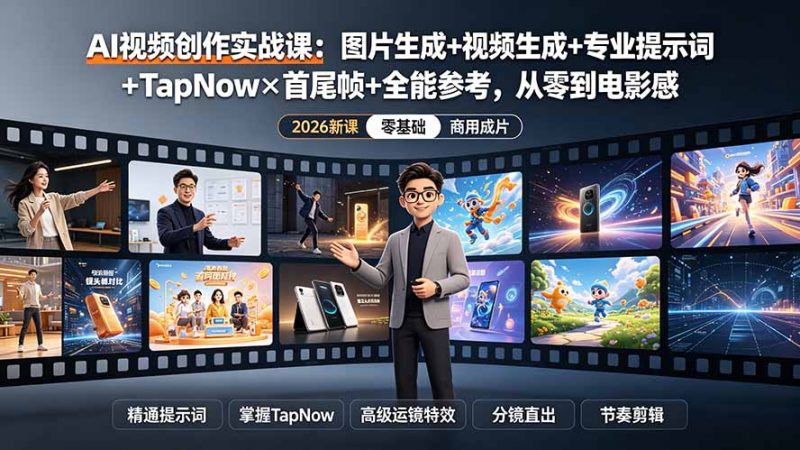 AI视频创作实战课：图片生成+视频生成+专业提示词+TapNow×首尾帧+全能参考，从零到电影感成片-玻哥网络技术工作室