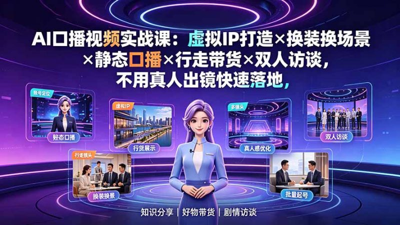 AI口播视频实战课：虚拟IP打造×换装换场景×静态口播×行走带货×双人访谈，不用真人出镜快速落地-玻哥网络技术工作室