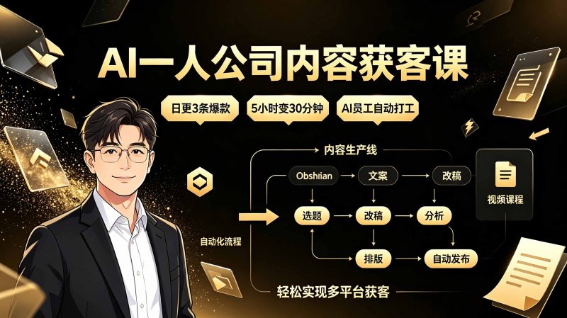 AI一人公司内容获客课：日更3条爆款×5小时变30分钟×AI员工自动打工，轻松实现多平台获客-玻哥网络技术工作室