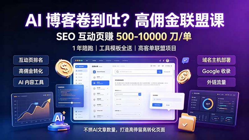 AI 博客卷到吐？高佣金联盟课：SEO 互动页赚 500-10000 刀 单，1 年陪跑 + 工具模板全送-玻哥网络技术工作室