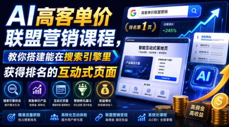 AI高客单价联盟营销课程，教你搭建能在搜索引擎里获得排名的互动式页面，引来流量，把访客转化为高佣金的成交【原创双语字幕】-玻哥网络技术工作室