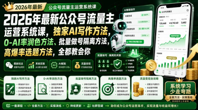 2026年最新公众号流量主运营系统课，独家AI写作方法，0-AI率润色方法、批量做号隔离方法、高爆率选题方法，全都教会你-玻哥网络技术工作室