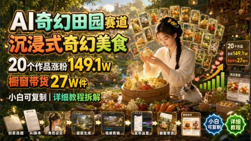AI奇幻田园赛道，沉浸式奇幻美食，20个作品涨粉149.1W，橱窗带货27W件，小白可复制，详细教程拆解-玻哥网络技术工作室