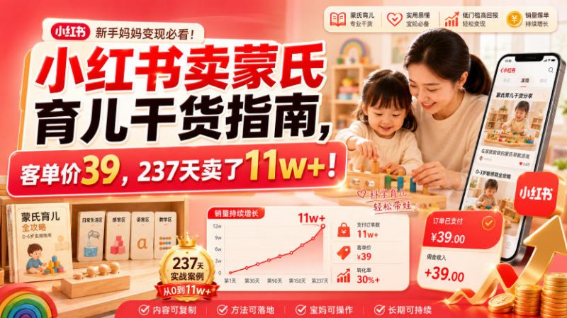 小红书卖蒙氏育儿干货指南，客单价39，237天卖了11w+！-玻哥网络技术工作室