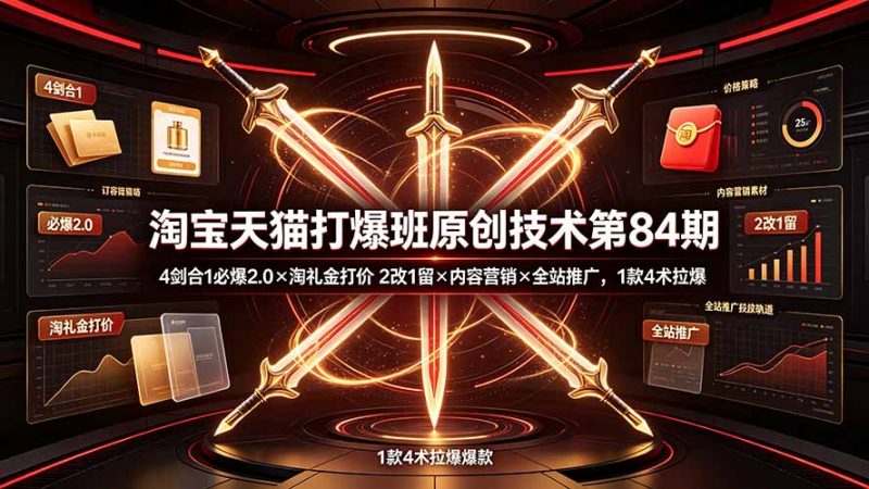 淘宝天猫打爆班原创技术第84期：4剑合1必爆2.0×淘礼金打价×2改1留×内容营销×全站推广，1款4术拉爆-玻哥网络技术工作室