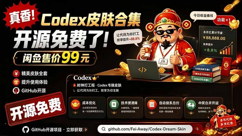 闲鱼售卖99元的Codex皮肤包，GitHub 免费开源了！让你的codex变成精美界面 Codex Dream Skin-玻哥网络技术工作室