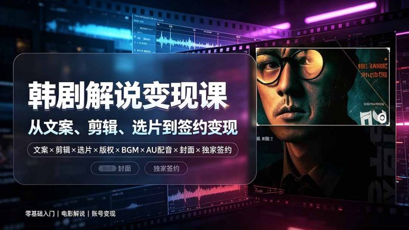 抖音270W粉丝博主亲授韩剧解说课：文案×剪辑×选片×版权×BGM×AU配音×封面×独家签约，零基础到变现-玻哥网络技术工作室