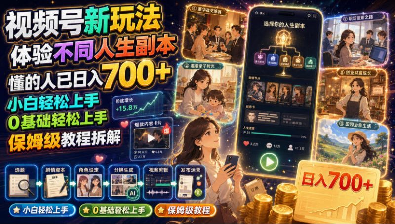 视频号新玩法体验不同人生副本，懂的人已日入700+，小白轻松上手，0基础轻松上手，保姆级教程拆解-玻哥网络技术工作室