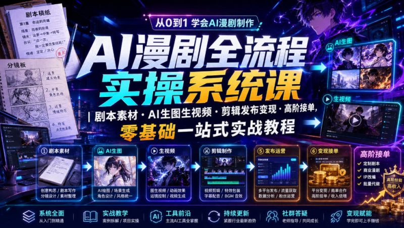 AI漫剧全流程实操系统课｜剧本素材・AI生图生视频・剪辑发布变现・高阶接单，零基础一站式实战教程-玻哥网络技术工作室