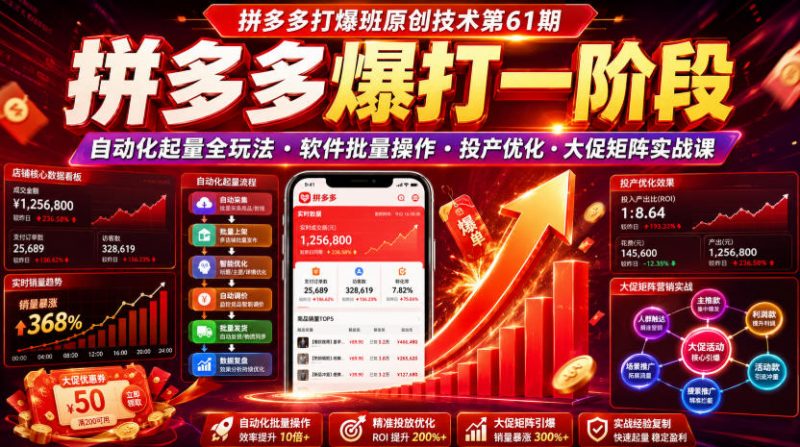 拼多多打爆班原创技术第61期，拼多多爆打一阶段，自动化起量全玩法・软件批量操作・投产优化・大促矩阵实战课-玻哥网络技术工作室