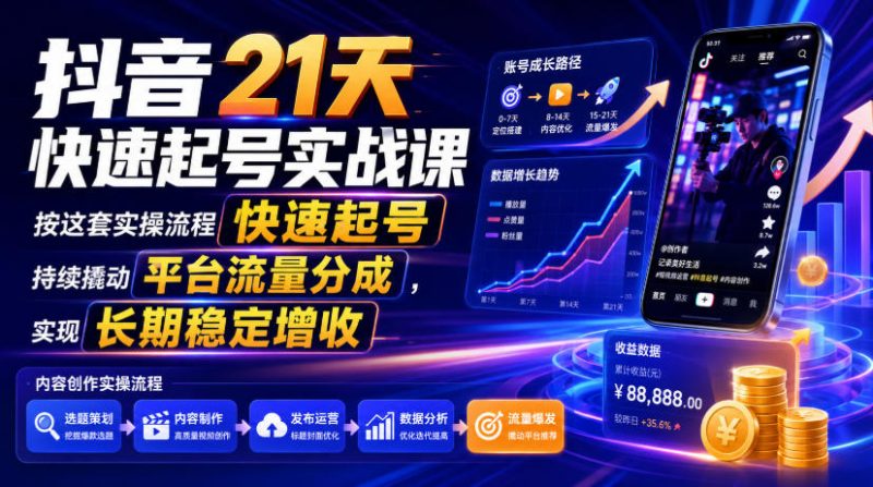 抖音21天快速起号实战课，按这套实操流程快速起号，持续撬动平台流量分成，实现长期稳定增收-玻哥网络技术工作室