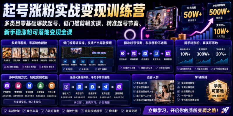 苗子起号涨粉实战变现训练营，多类目零基础爆款起号、精准起号节奏、新手稳涨粉可落地变现全课(更新0719)-玻哥网络技术工作室