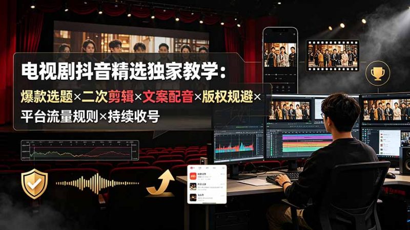 电视剧抖音精选独家教学：爆款选题×二次剪辑×文案配音×版权规避×平台流量规则×持续收益账号-玻哥网络技术工作室