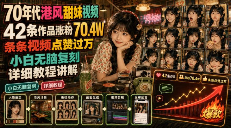 70年代港风甜妹视频，42条作品涨粉70.4W，条条视频点赞过万，小白无脑复刻，详细教程讲解-玻哥网络技术工作室