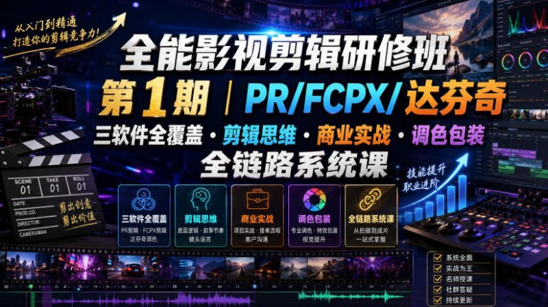 全能影视剪辑研修班第1期｜PR/FCPX/达芬奇三软件全覆盖・剪辑思维・商业实战・调色包装全链路系统课-玻哥网络技术工作室