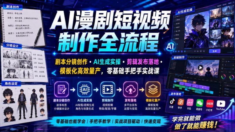 AI漫剧短视频制作全流程｜剧本分镜创作・AI生成实操・剪辑发布落地・模板化高效量产，零基础手把手实战课-玻哥网络技术工作室
