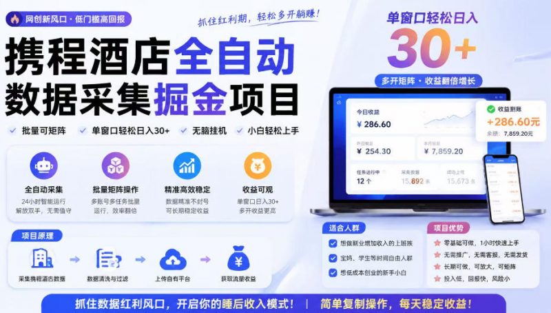 携程酒店全自动采集项目，全程自动浏览，可批量矩阵放大，单机日收300+【揭秘】-玻哥网络技术工作室