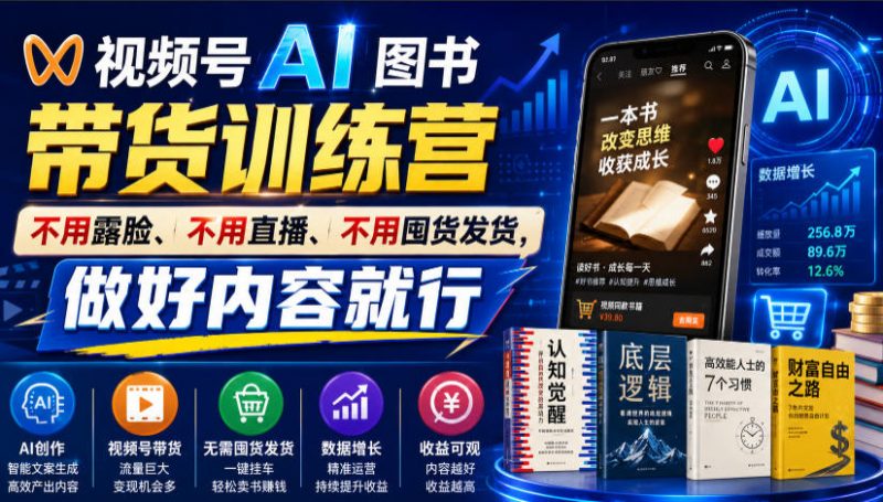 视频号AI图书带货训练营，不用露脸、不用直播、不用囤货发货，做好内容就行，一条爆款视频佣金8942-玻哥网络技术工作室
