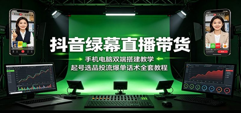 抖音绿幕直播带货：手机电脑双端搭建教学，起号选品投流爆单话术全套教程-玻哥网络技术工作室