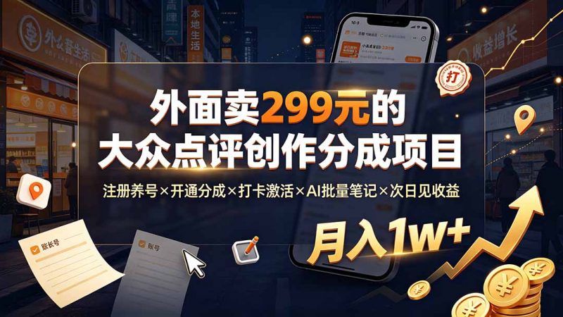 外面卖299元的大众点评创作分成项目：注册养号×开通分成×打卡激活×AI批量笔记×次日见收益，月入1w+-玻哥网络技术工作室