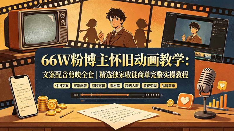 66W粉博主怀旧动画教学：文案配音剪映全套｜精选独家收徒商单完整实操教程-玻哥网络技术工作室