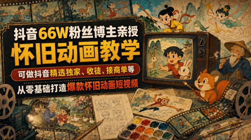 抖音66W粉丝博主亲授怀旧动画教学，可做抖音精选独家、收徒、接商单等，从零基础打造爆款怀旧动画短视频-玻哥网络技术工作室