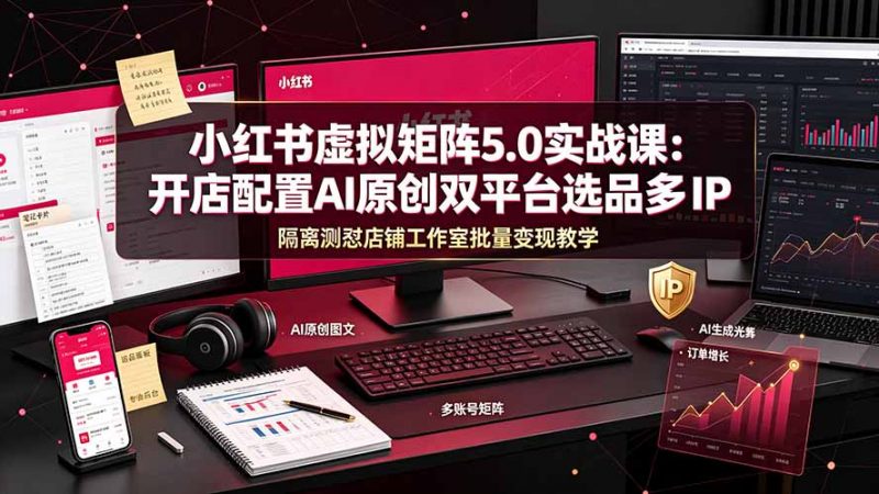 小红书虚拟矩阵5.0实战课：开店配置｜AI原创｜双平台选品｜多IP隔离｜测怼店铺工作室批量变现实操教学-玻哥网络技术工作室