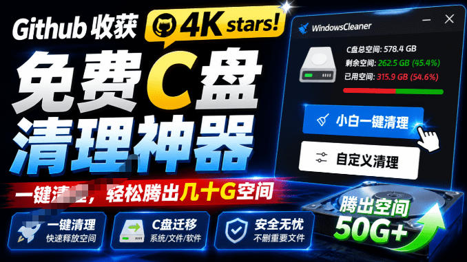 Github收获4K stars！免费C盘清理神器，轻松腾出几十G空间，支持C盘迁移Windows Cleaner-玻哥网络技术工作室