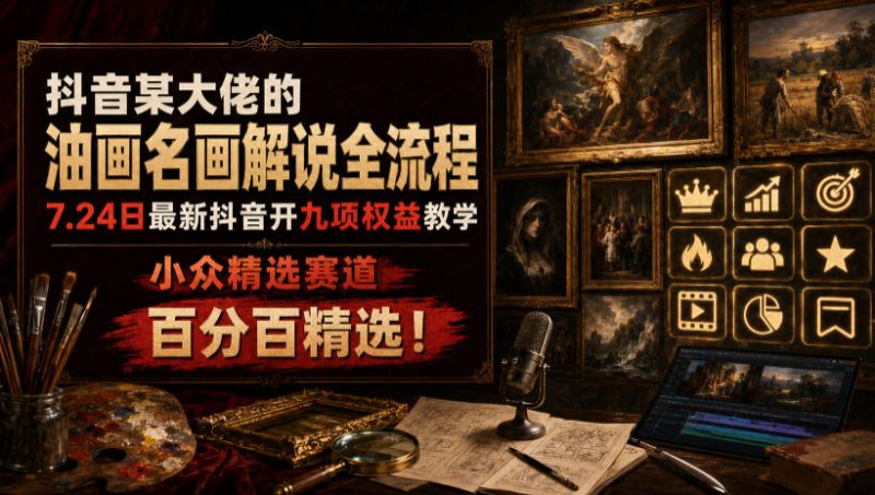 抖音某大佬的油画名画解说全流程，7.24日最新抖音开九项权益教学，小众精选赛道，百分百精选！-玻哥网络技术工作室