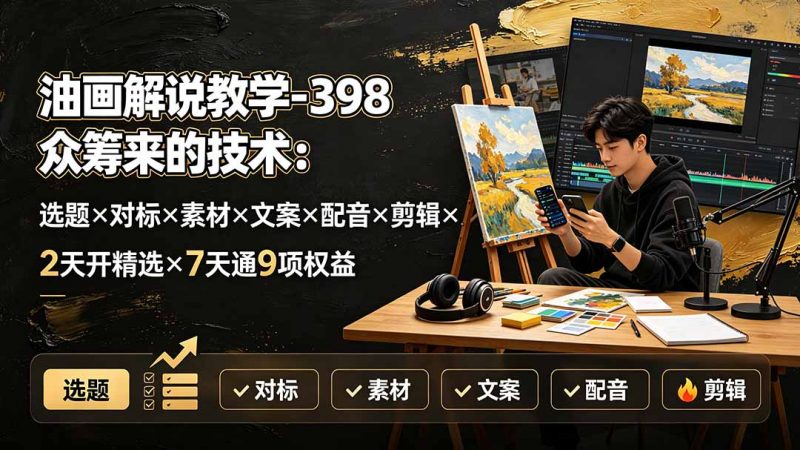 油画解说教学-398众筹来的技术：选题×对标×素材×文案×配音×剪辑×2天开精选×7天通9项权益-玻哥网络技术工作室