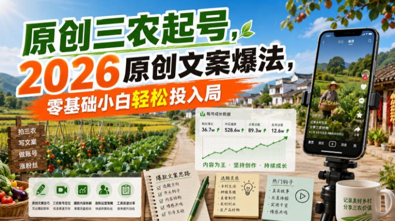 原创三农起号，2026原创文案爆法，零基础小白轻松投入局-玻哥网络技术工作室