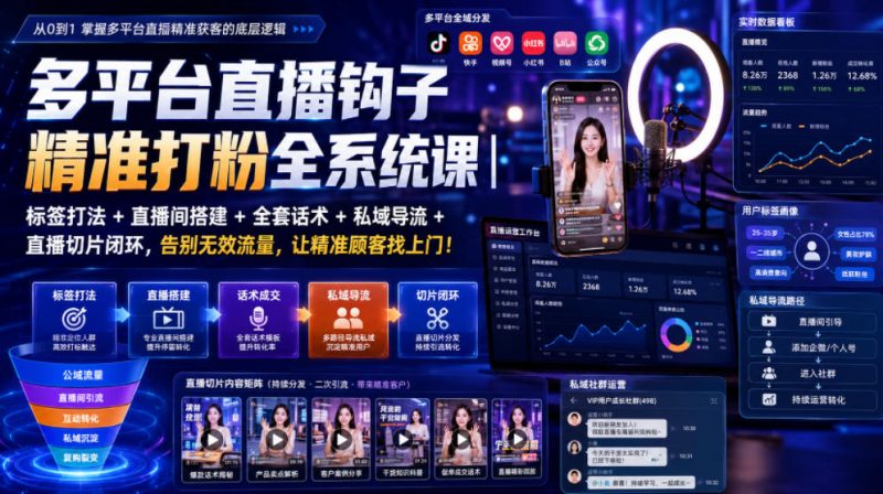 多平台直播钩子精准打粉全系统课｜标签打法+直播间搭建+全套话术+私域导流+直播切片闭环，告别无效流量，让精准顾客找上门！-玻哥网络技术工作室