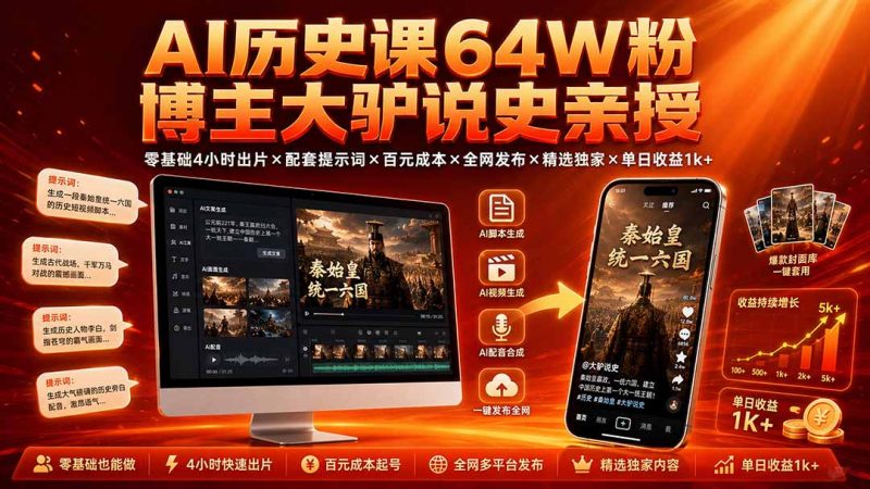 AI历史课64W粉博主大驴说史亲授：零基础4小时出片×配套提示词×百元成本×全网发布×精选独家×单日收益1k+-玻哥网络技术工作室