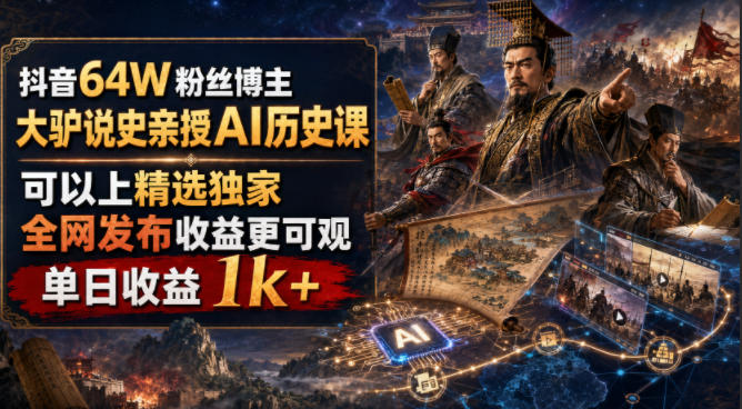抖音64W粉丝博主大驴说史亲授AI历史课，可以上精选独家，全网发布收益更可观，单日收益1k+-玻哥网络技术工作室