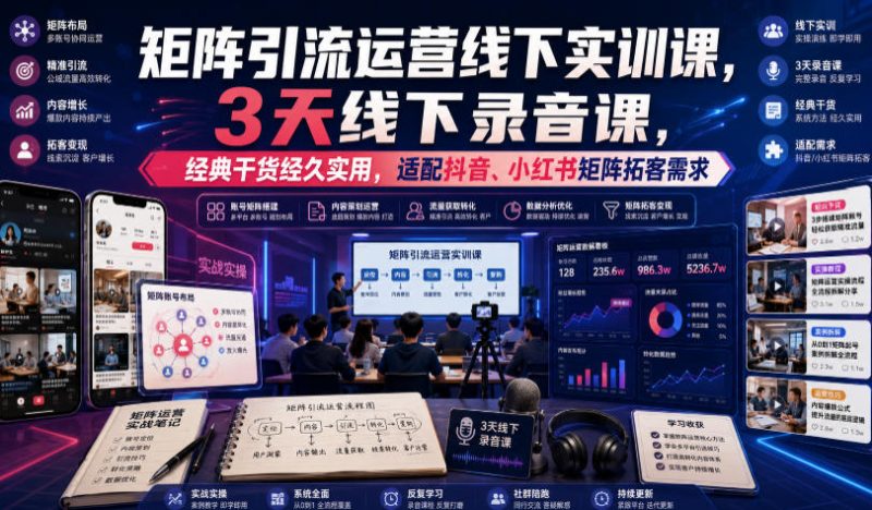 嗨推矩阵引流运营线下实训课，3天线下录音课，经典干货经久实用，适配抖音、小红书矩阵拓客需求-玻哥网络技术工作室