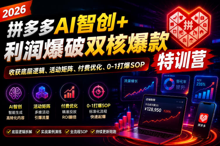 2026拼多多AI智创+利润爆破双核爆款特训营，收获底层逻辑、活动矩阵、付费优化、0-1打爆SOP(更新0727)-玻哥网络技术工作室