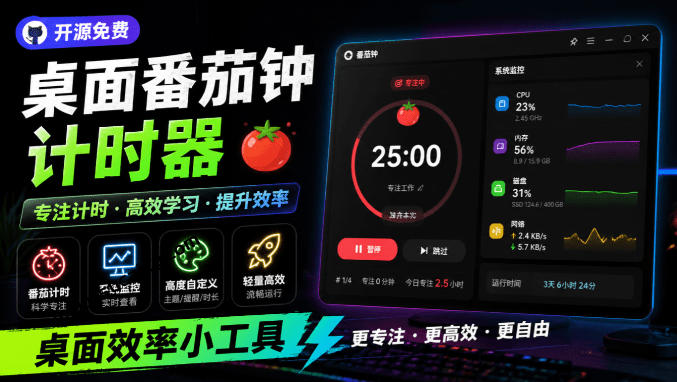 仅1.16MB，开源极简的桌面时钟、番茄钟计时器，还支持系统监控显示，桌面效率小工具Catime-玻哥网络技术工作室