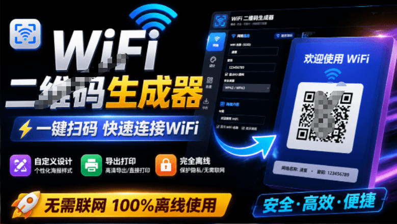 完全离线使用！WiFi二维码生成器，一键扫码快速连接WiFi，支持自定义风格导出WiFi二维码生成器-玻哥网络技术工作室