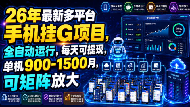 26年最新多平台手机挂G项目，全自动运行，每天可提现，单机900-1500月，可矩阵放大【揭秘】-玻哥网络技术工作室