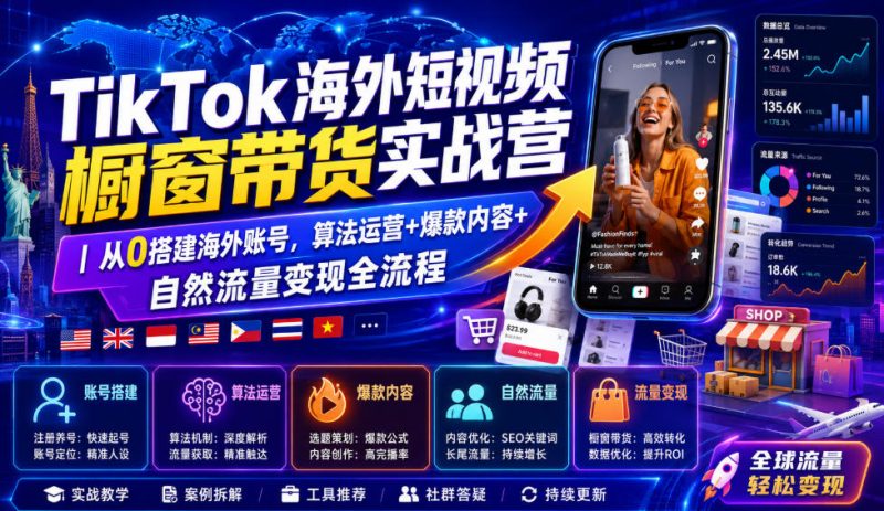 TikTok海外短视频橱窗带货实战营｜从0搭建海外账号，算法运营+爆款内容+自然流量变现全流程-玻哥网络技术工作室