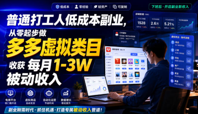 普通打工人低成本副业，从零起步做多多虚拟类目，收获每月1-3W被动收入【揭秘】-玻哥网络技术工作室