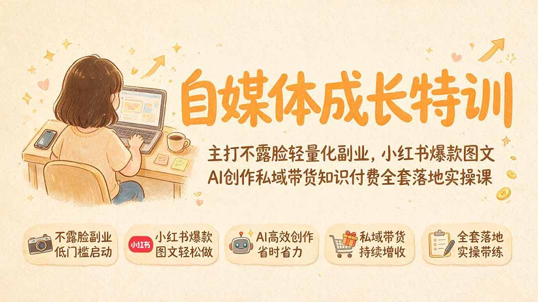 图片[1]-自媒体成长特训｜主打不露脸轻量化副业，小红书爆款图文AI创作私域带货知识付费全套落地实操课-玻哥网络技术工作室