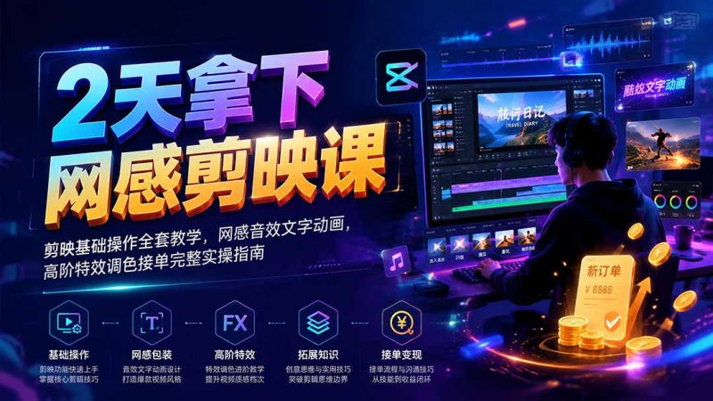 2天拿下网感剪辑课｜剪映基础操作全套教学，网感音效文字动画，高阶特效调色接单完整实操指南-玻哥网络技术工作室