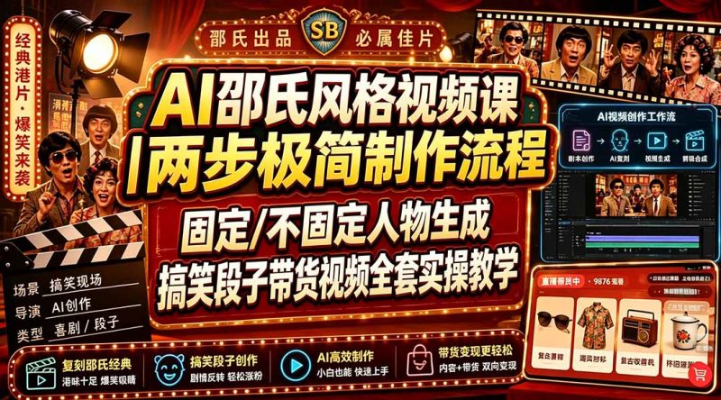 AI邵氏风格视频课｜两步极简制作流程，固定/不固定人物生成，搞笑段子带货视频全套实操教学-玻哥网络技术工作室