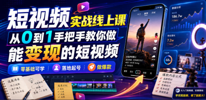 短视频实战线上课，从0到1手把手教你做能变现的短视频，零基础可学，落地起号做爆款-玻哥网络技术工作室