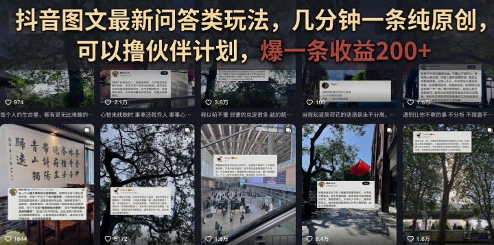 抖音图文最新问答类玩法，几分钟一条纯原创，可以撸伙伴计划，爆一条收益200+-玻哥网络技术工作室
